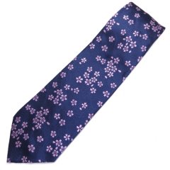 【富士桜工房】紺・桜花・日本製シルクジャカードの和風ネクタイ
