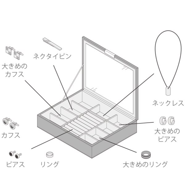 カフス・タイピン・指輪・ペンダント・各種メンズアクセサリーも収納