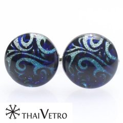 【ThaiVetro】ブルーオーシャン・ウェーブデザインのガラス製カフス(カフスボタン/カフリンクス)
