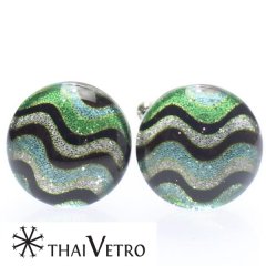【ThaiVetro】グリーン×ライトブルー・リップルデザインのガラス製カフス（カフスボタン/カフリンクス）