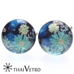 【ThaiVetro】モダンな和風お花デザイン・ブルーのガラス製カフス（カフスボタン/カフリンクス）