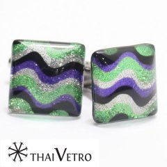 【ThaiVetro】グリーン×パープル・リップルデザインのガラス製カフス（カフスボタン/カフリンクス）
