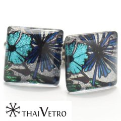 【ThaiVetro】ブルー・フラワーデザンのガラス製カフス(カフスボタン/カフリンクス)