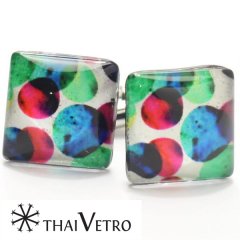 【ThaiVetro】マルチカラー・ドットデザインのガラス製カフス（カフスボタン/カフリンクス）