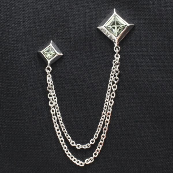 スクウェア×シルバーグレーストーン・二連チェーンのラペルピン