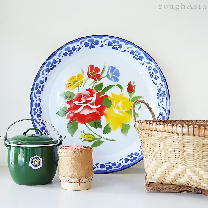 タイ》花柄レトロトレー 40cm/ 3色 琺瑯食器| ウサギ印のRABBIT BRAND 
