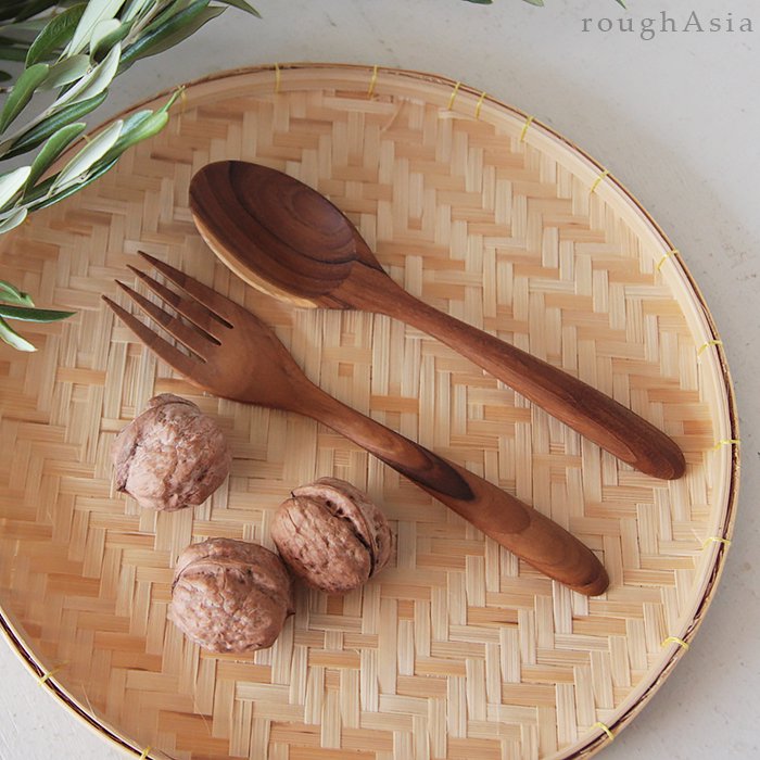 タイ》木製チークウッド スプーン＆フォーク｜アジアの台所用品