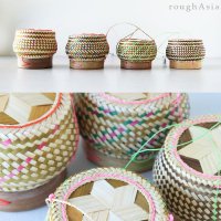 《タイ》竹カゴもち米入れ容器 / ガティップカオ丸型 - カラフル（３パターン）