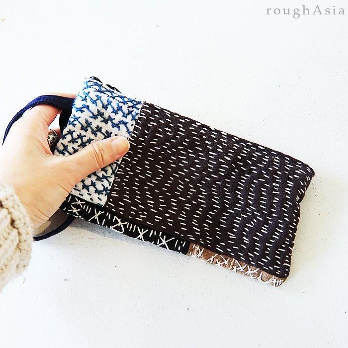 タイ》パッチワークと刺し子刺繍ポーチ M コットン