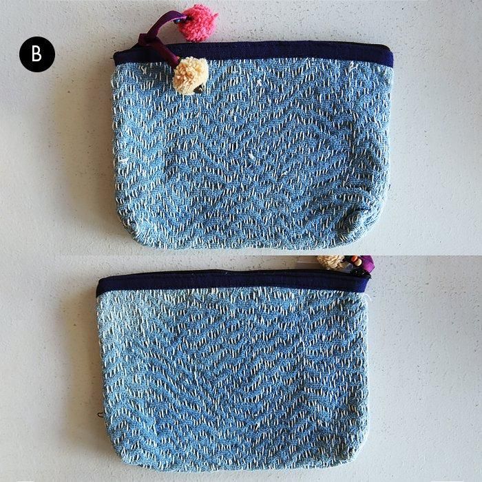 タイ》藍染めと刺し子刺繍ポーチ L／タイ刺し子ポーチ