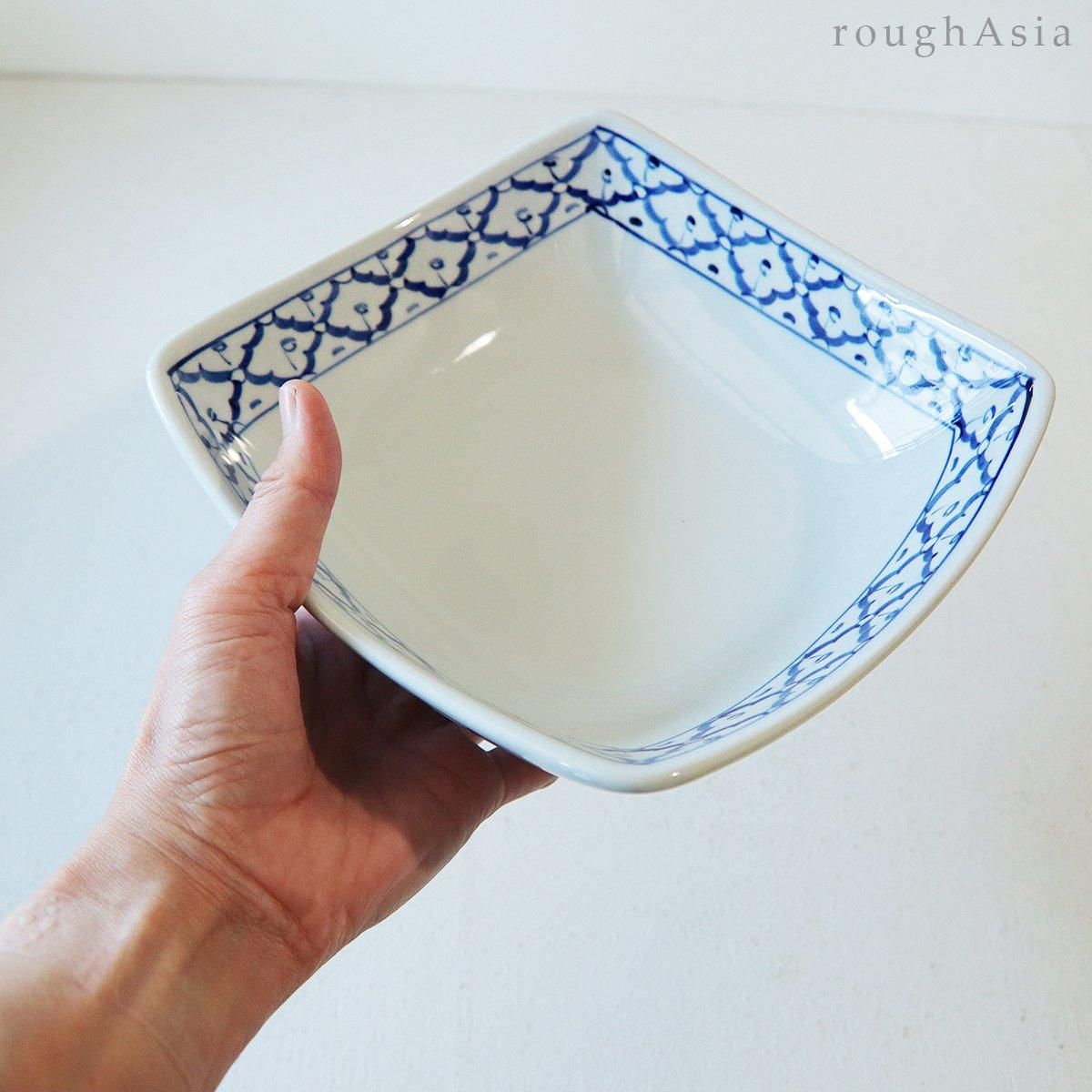 タイ》ブルー＆ホワイト パイナップル柄スクエアボウル｜タイの
