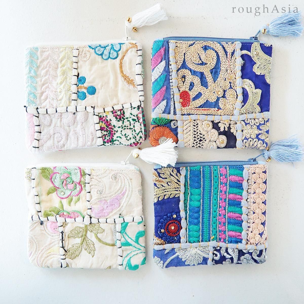 生地変更あり】インド・インド刺繍生地 ポーチ・オフホワイト系