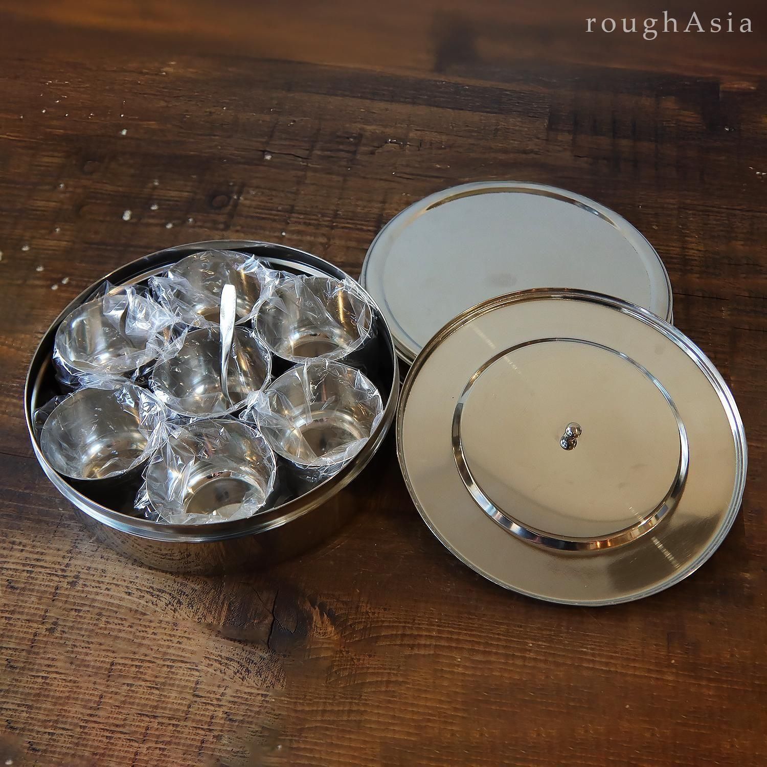 インド》ステンレス製 内蓋付きマサラスパイスボックスセット