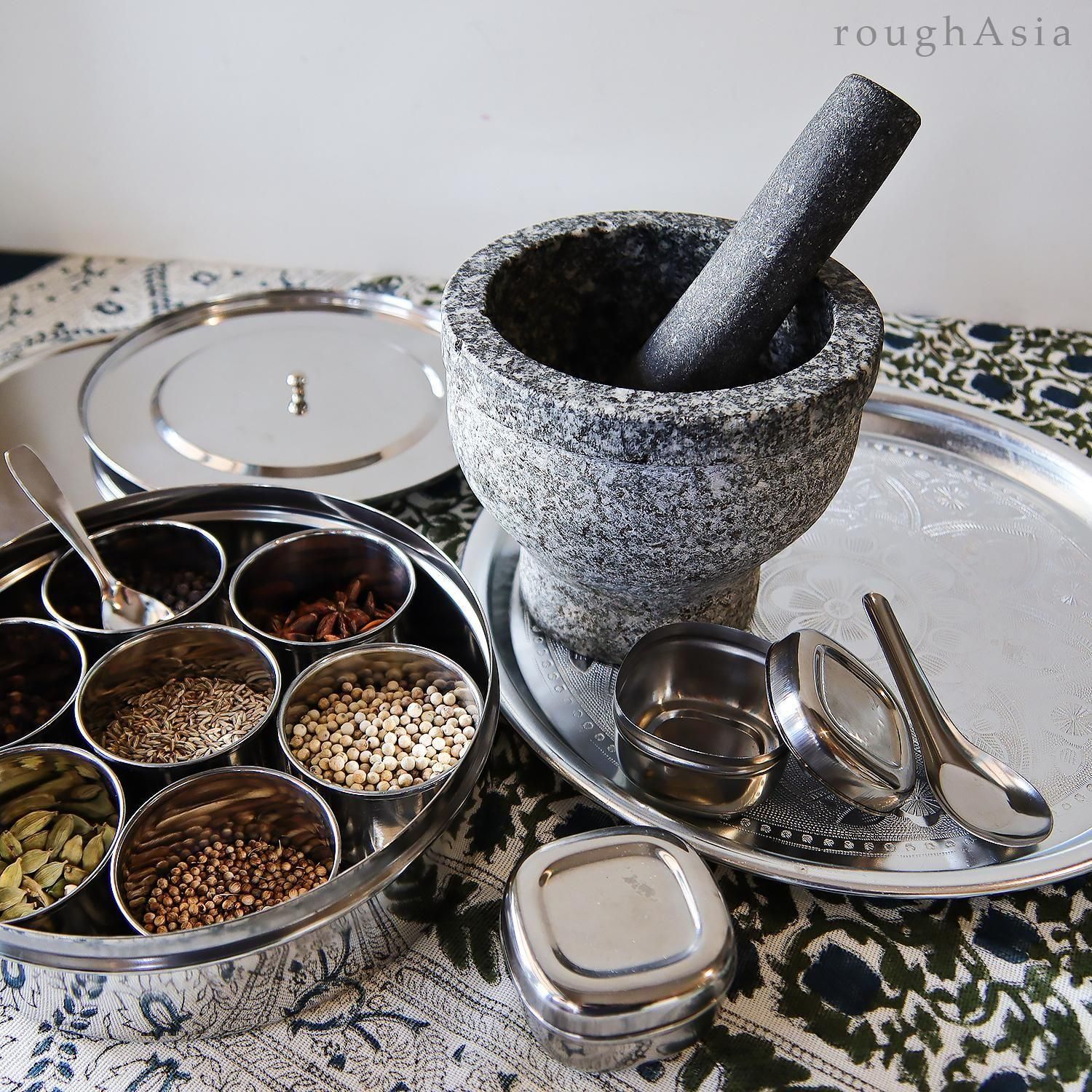 インド》ステンレス製 内蓋付きマサラスパイスボックスセット