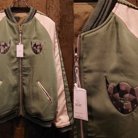 MAGIC STICK / 2 FACE VARSITY JKT [OLIVE × WOODLAND] - THINKTANK