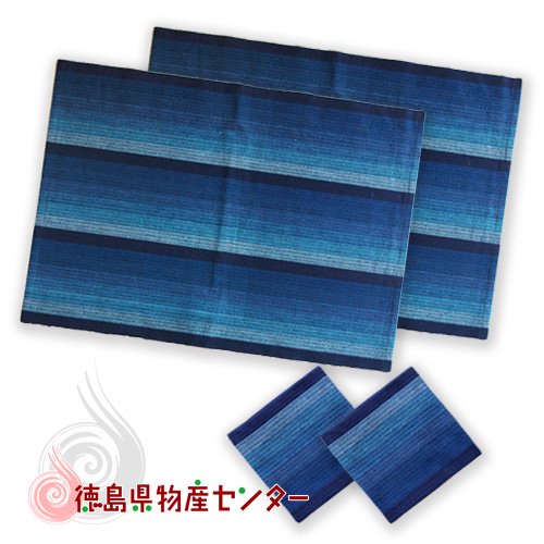 阿波しじら織 ランチョンマット＆コースターのセットC (藍縞No1）長尾織布