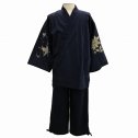 柔らかい平織りソフト作務衣（紺）両袖に蝶と牡丹