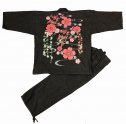 [江戸てん]作務衣 デニム生地 （綿100％）しっかりしているのに柔らかい さむえ 柄入り 通年 メンズ 桜カラー 黒 