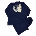 柔らかい平織りソフト作務衣（紺）花猫