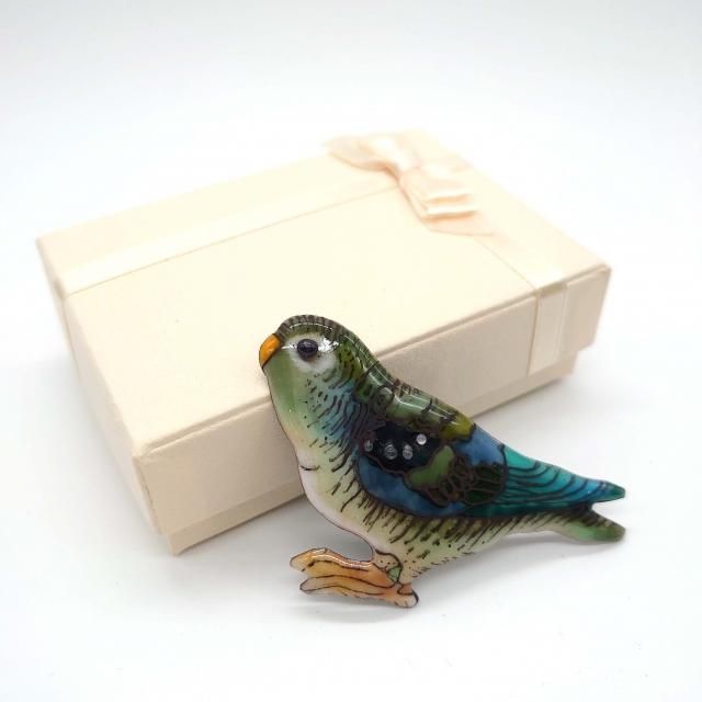 サザナミインコの七宝焼ブローチ - 七宝焼の工房Uncle Z