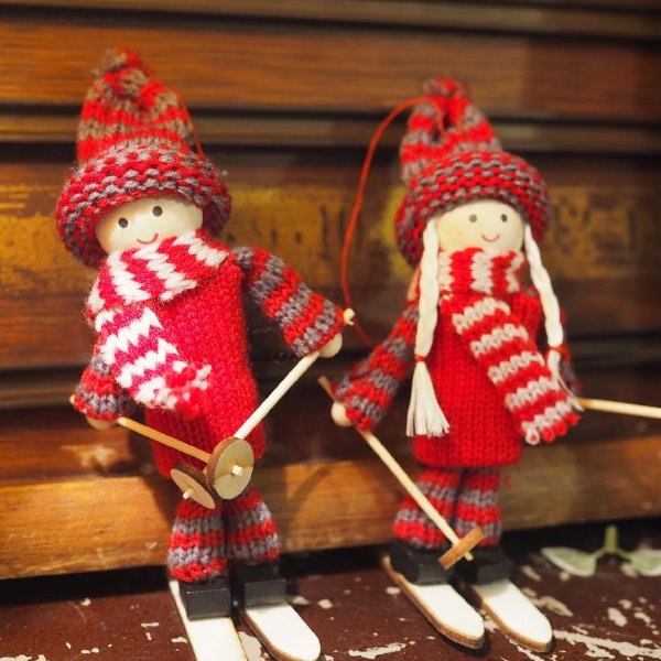 クリスマス 木製&コットンオーナメント スキー 男の子と女の子 セット