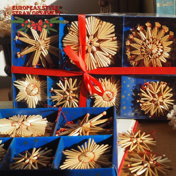 ストローオーナメントセット24pcs 雪の結晶 青紙箱M 6-8cm 赤糸 クリスマス