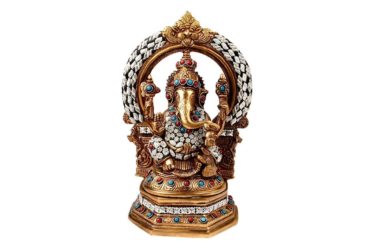 ガネーシャ神像（真鍮製、ビーズ細工、円光背）（受注製作）- スピリチュアルインド雑貨 SitaRama（シーターラーマ）
