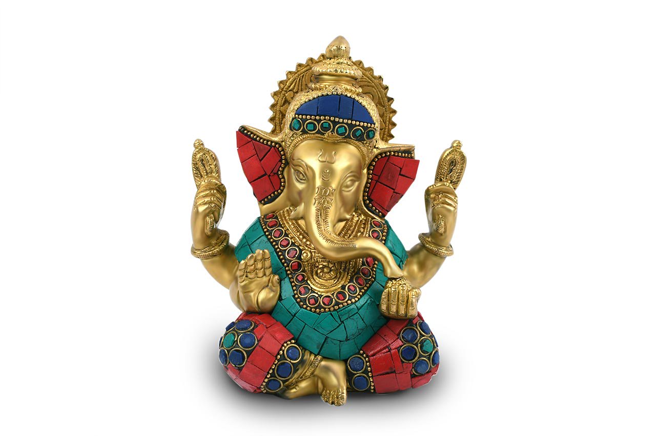 ガネーシャ神像（真鍮製、石細工、４本腕）（受注製作）- スピリチュアルインド雑貨 SitaRama（シーターラーマ）
