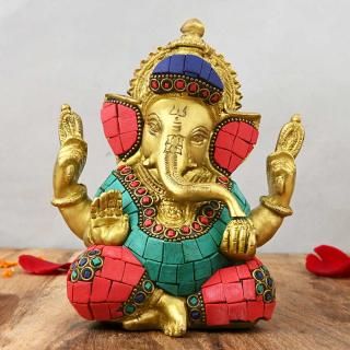 ガネーシャ神像（真鍮製、石細工、4本腕）（受注製作