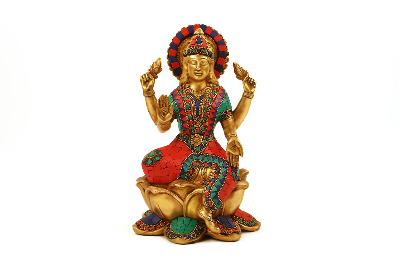 ラクシュミー女神像（真鍮製、石細工）（受注製作）　- スピリチュアルインド雑貨 SitaRama（シーターラーマ）