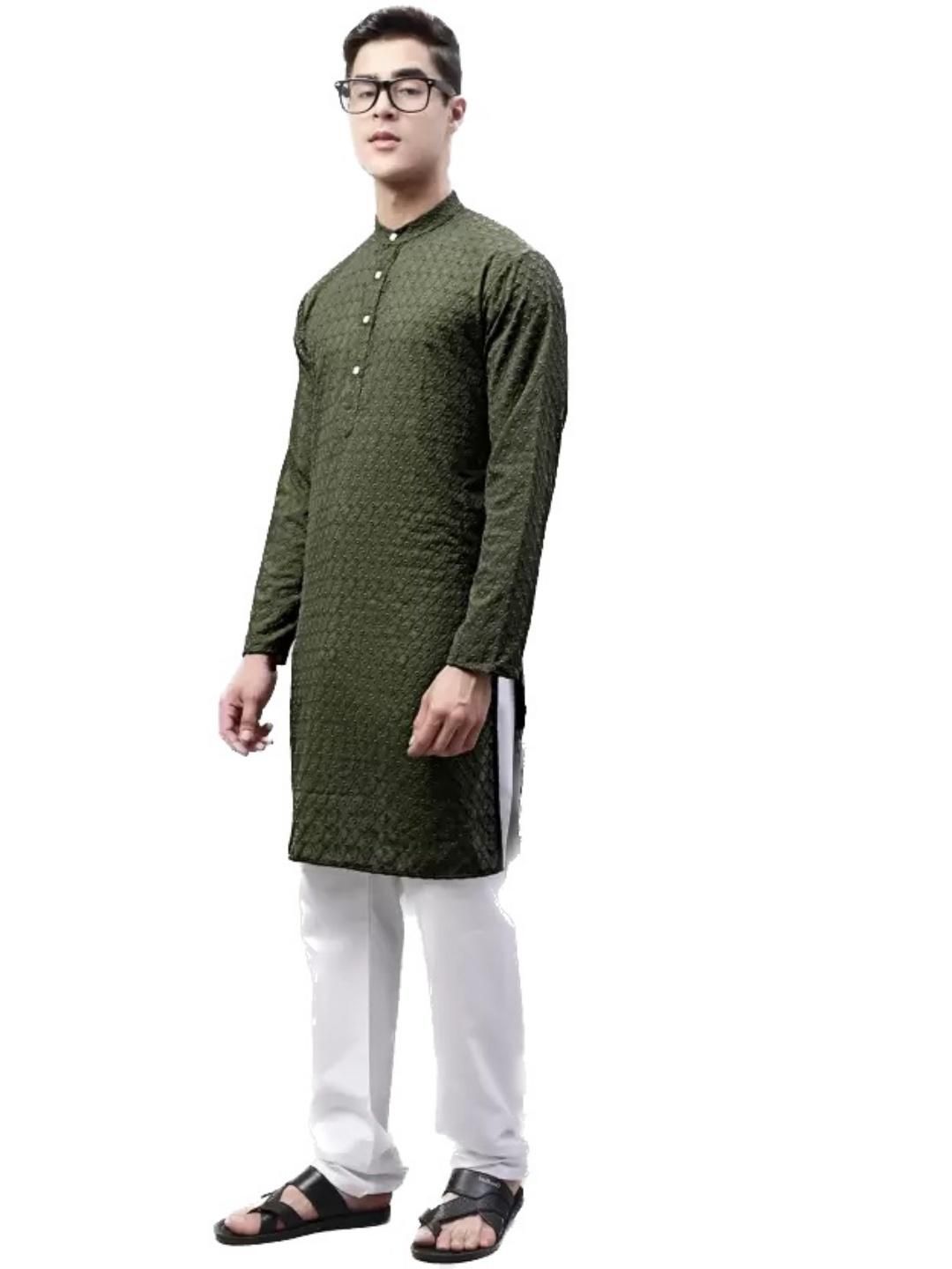 男性用クルタ・セット（刺繍、オリーブグリーン、XLサイズ