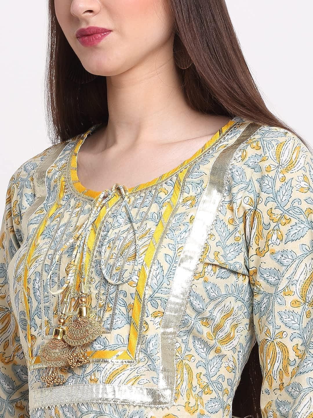 女性用クルタ・セット（ドゥパッター付き、イエロー、3XLサイズ）