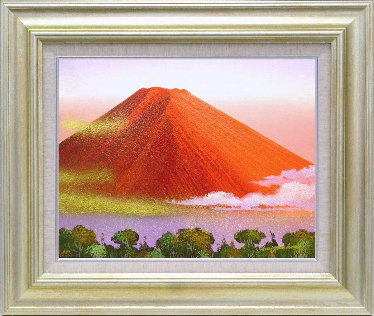 【手描き油絵】雀 震洪 赤富士 F10 画家本人手描き絵画/額入り 絵画 絵