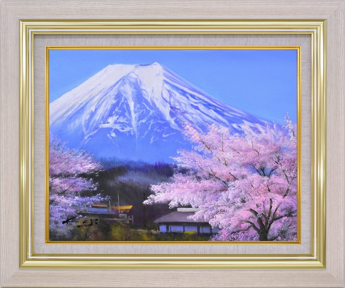 花の絵 風景画 富士山 アクリル画 原画「喜びの春」F8-