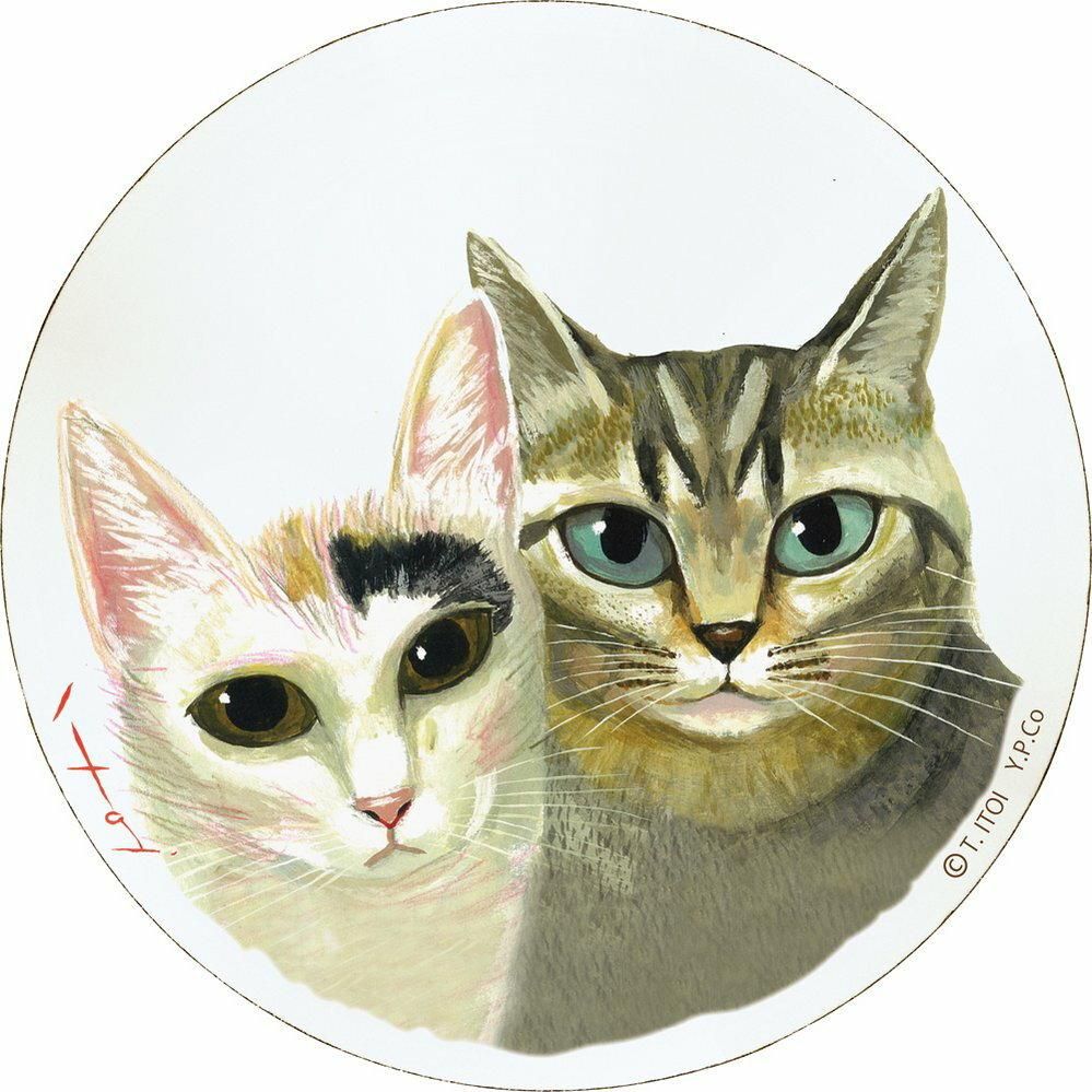 【壁掛け】糸井忠晴 木製ラウンドアート「ラブキャッツ(Lサイズ)」