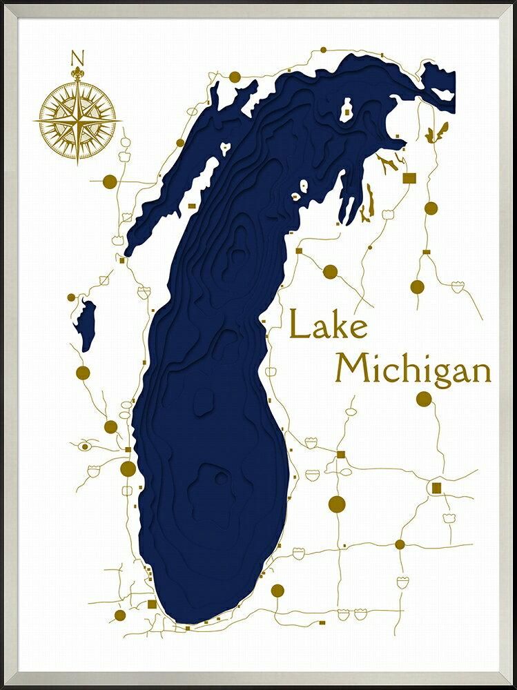 《アートフレーム》3Dマップアート ミシガン州 ブルー湖 (3D MAP ART Lake Michigan blue)