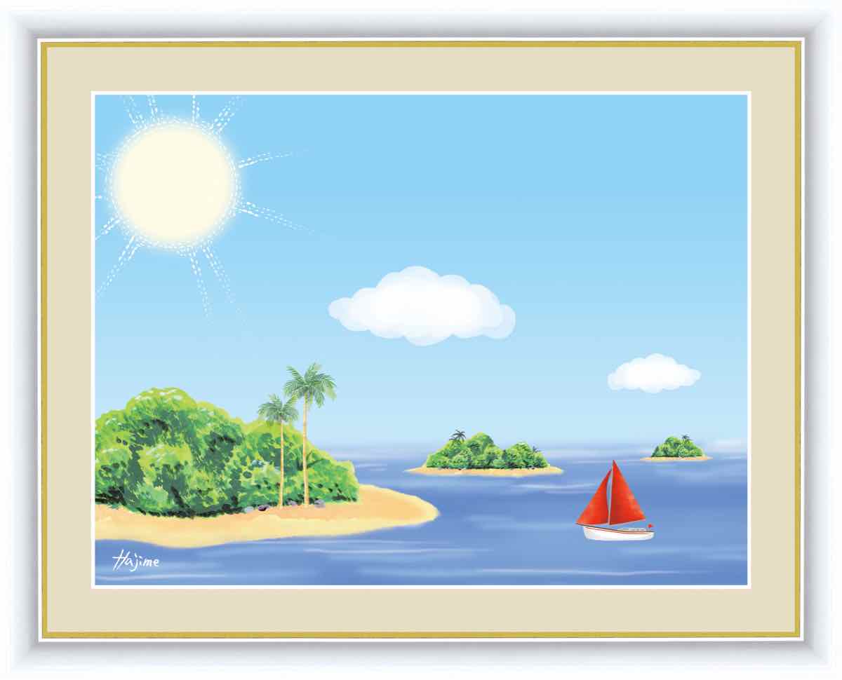 絵画 のどかな心の風景 南国の島 喜多 一 手彩仕上 高精細巧芸画 M