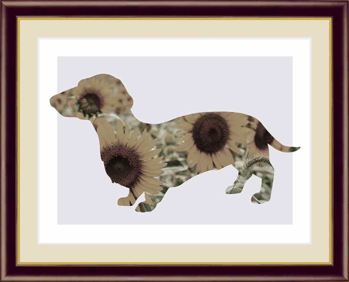 絵画 モノトーンアート Sun Flower -Dog&Cat- ひまわり 犬と猫 山口 美咲 手彩仕上 高精細巧芸画 ゆうパケット Sサイズ
