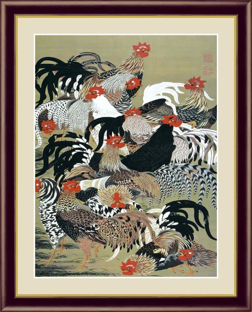 日本の名画 日本画 群鶏図(ぐんけいず) 伊藤 若冲 手彩仕上 高精細巧芸画 ゆうパケット Sサイズ