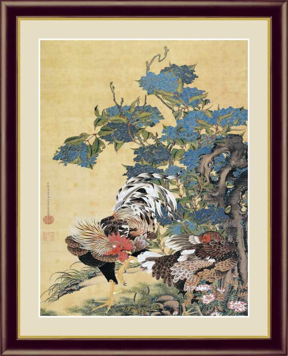 日本の名画 日本画 紫陽花双鶏図 伊藤 若冲 手彩仕上 高精細巧芸画 ゆうパケット Sサイズ