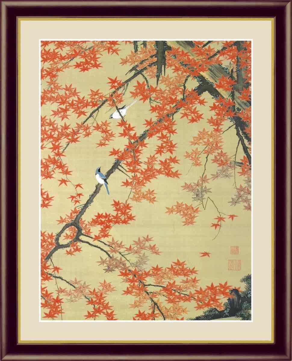 日本の名画 日本画 紅葉小禽図(こうようしょうきんず) 伊藤 若冲 手彩仕上 高精細巧芸画 ゆうパケット Sサイズ