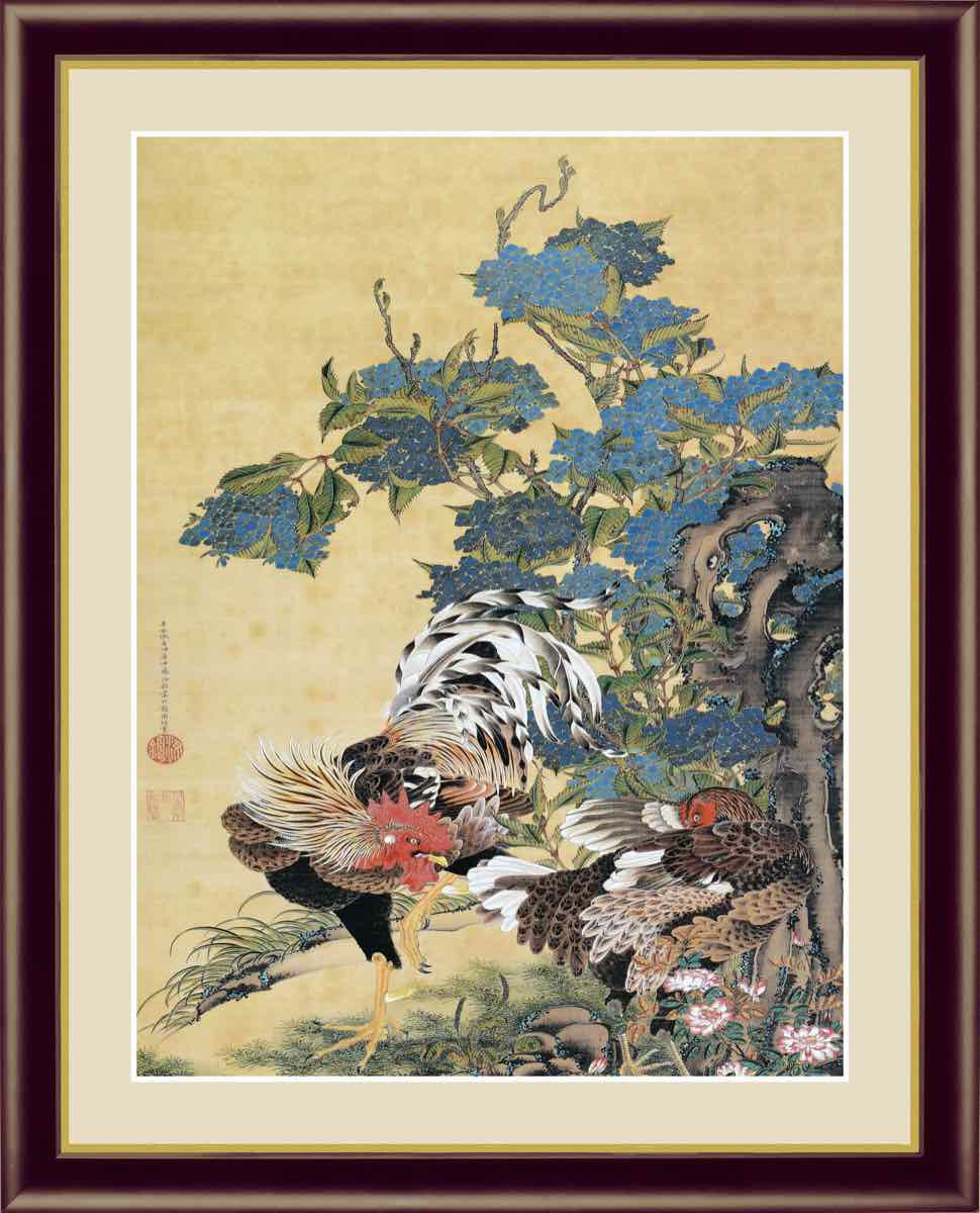 日本の名画 日本画 紫陽花双鶏図 伊藤 若冲 手彩仕上 高精細巧芸画 Lサイズ - 絵画や壁掛け販売｜日本唯一の風景専門店(R)あゆわら