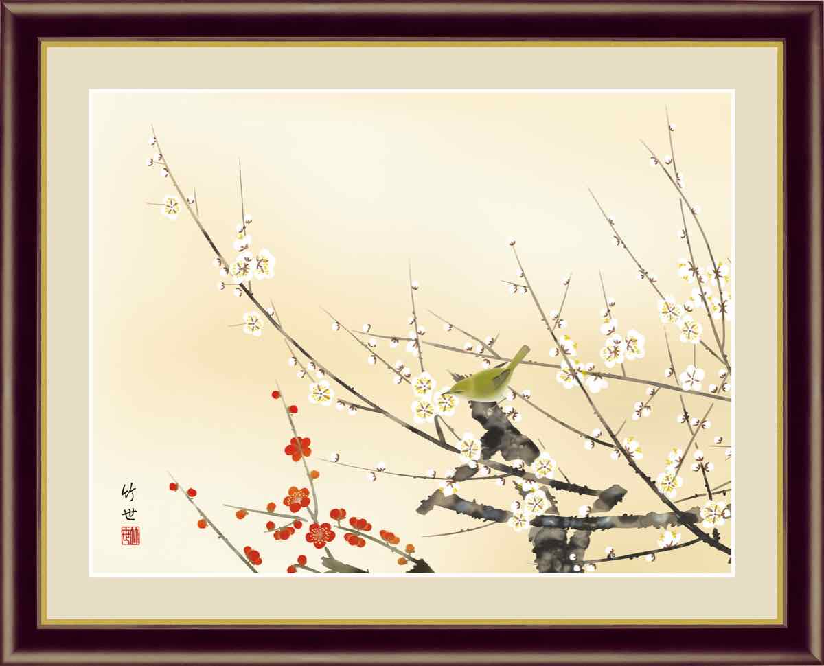 ◆絹絵　梅の花　うぐいす　三代桃園◆A-335