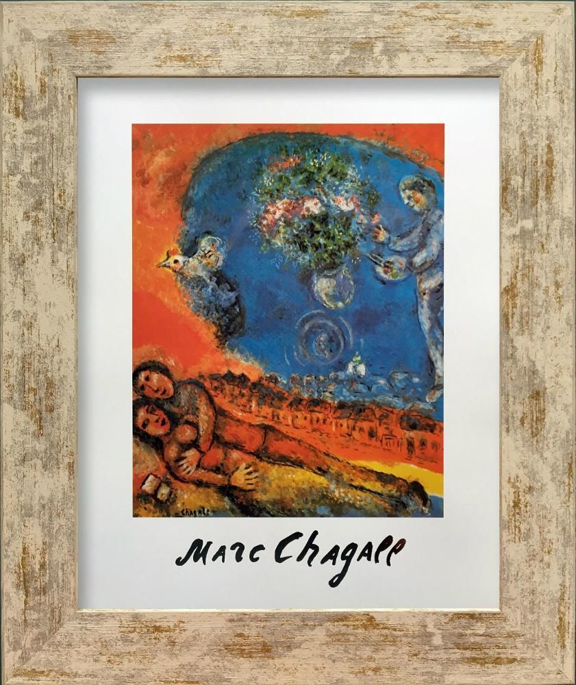 《名画アートフレーム》赤い背景の男女 マルク・シャガール(Marc Chagall)