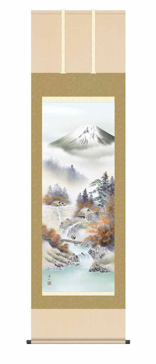 10年保証 掛け軸 山水画 秋掛け 富士紅染 伊藤 渓山 尺五 桐箱付き