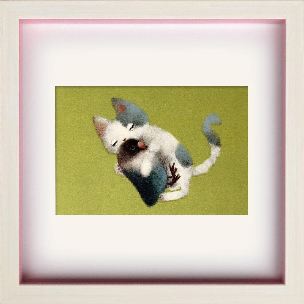 《絵画》ゆうパケット 猫 猫とぬいぐるみインコ 菜生(nao) スクエアフレーム