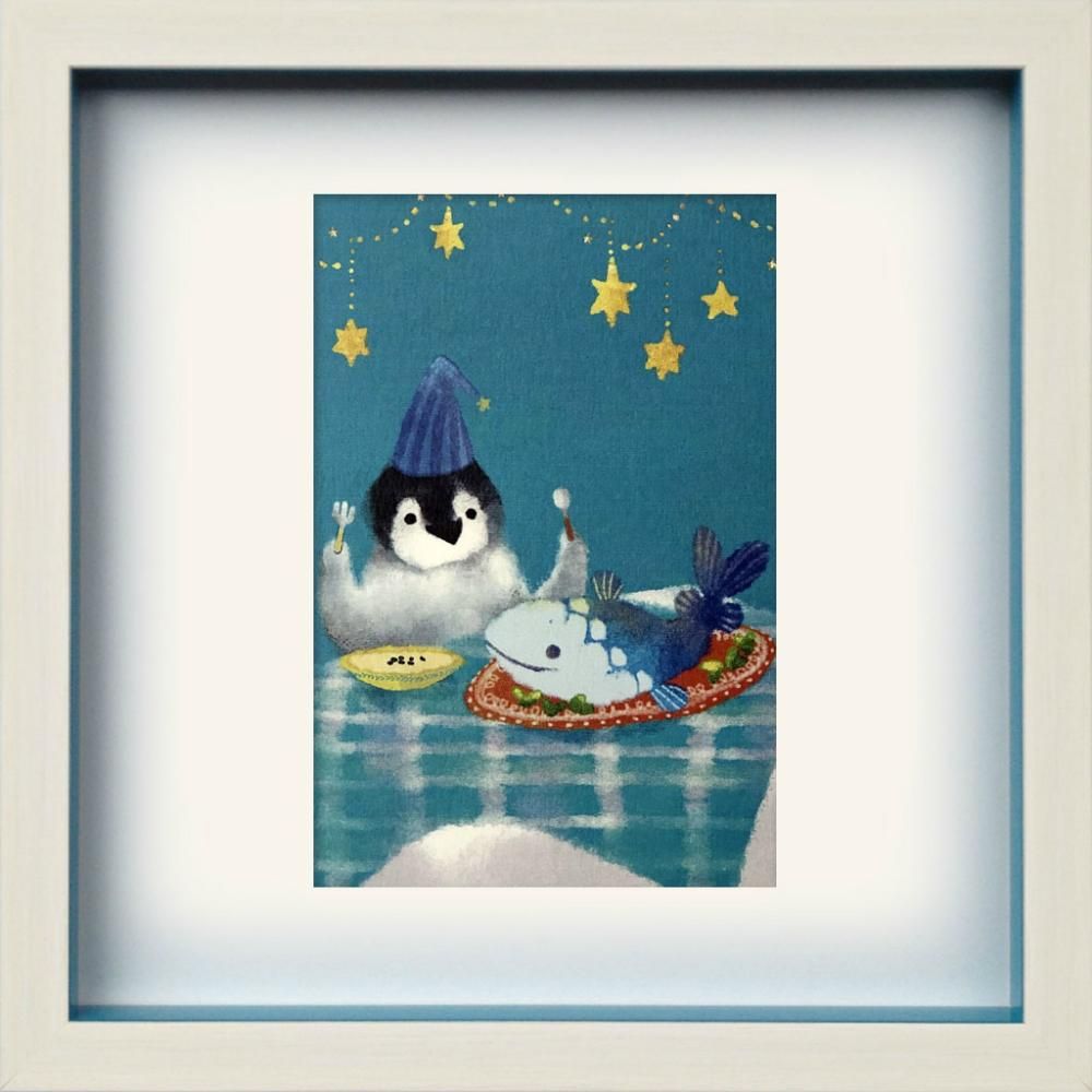 《絵画》ゆうパケット ペンギン 子ペンギンのディナー 菜生(nao) スクエアフレーム