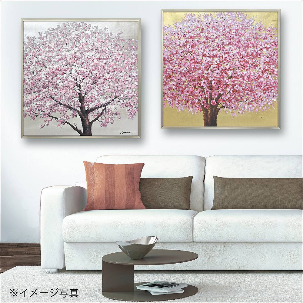 絵画 オイル ペイント アート「ゴールデン サクラ」5Lサイズ 桜 油絵 インテリア 壁掛け 額入り 風景画 額装込 手描き リビング 玄関 ギフト  飾る 花 プレゼント さくらの木 お祝い - 絵画や壁掛け販売｜日本唯一の風景専門店(R)あゆわら