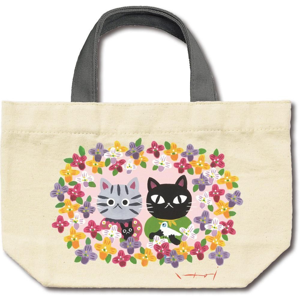 バッグ 糸井忠晴 コットン ランチバッグ「ラブフラワー」 ゆうパケット 弁当袋 猫 イラスト かわいい 手提げ かばん プレゼント ギフト ミニバッグ マグネットフック 弁当入れ おでかけ 動物