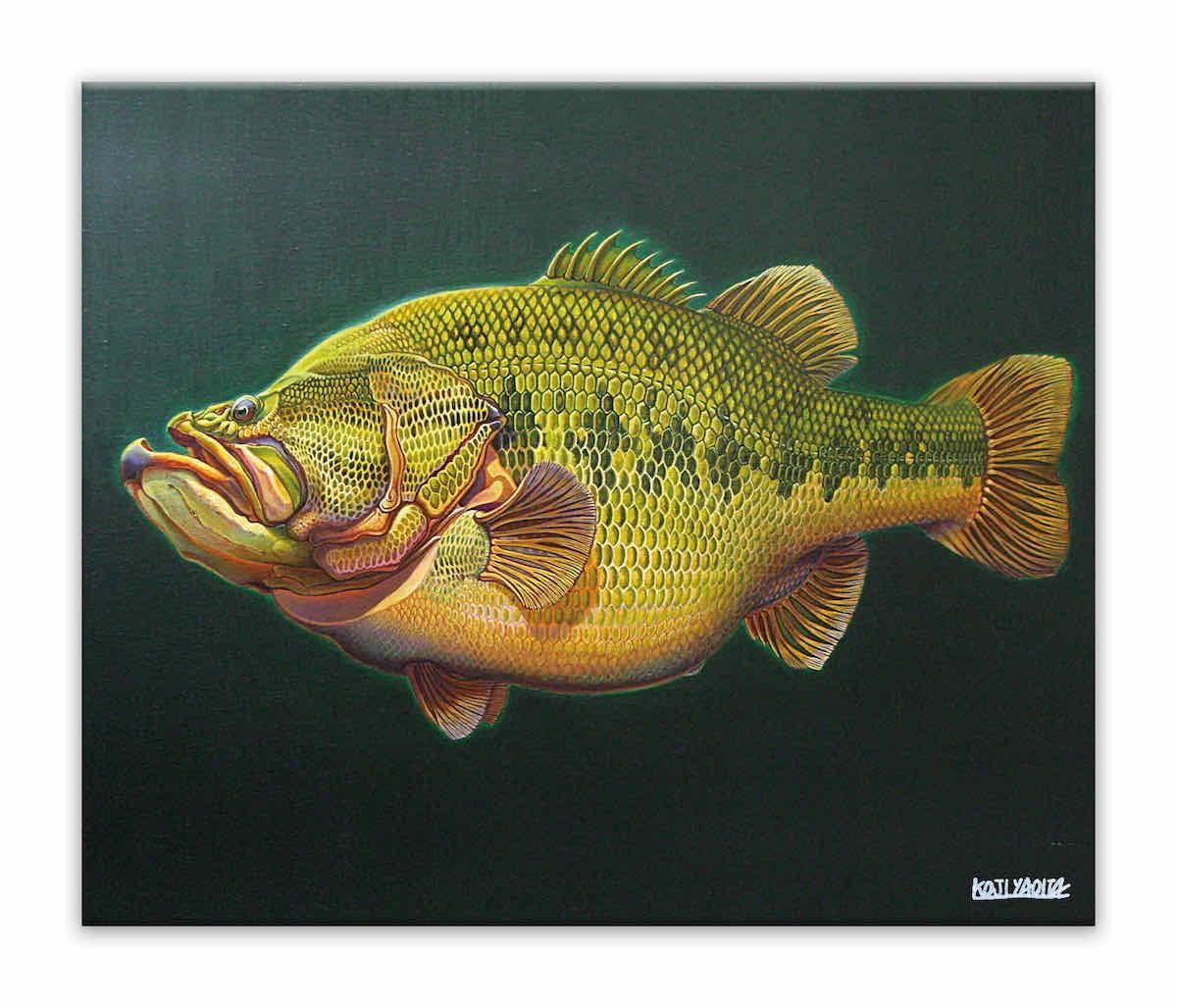 キャンバスアート 八百板浩司 直筆サイン入り ブラックバス3 ゆうパケット Sサイズ 魚 釣り 絵画